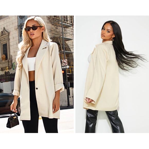 PrettyLittleThing Jackets & Blazers - PrettyLittleThing Cream Longline Blazer Jacket UK10 US6 EU38 Single Button